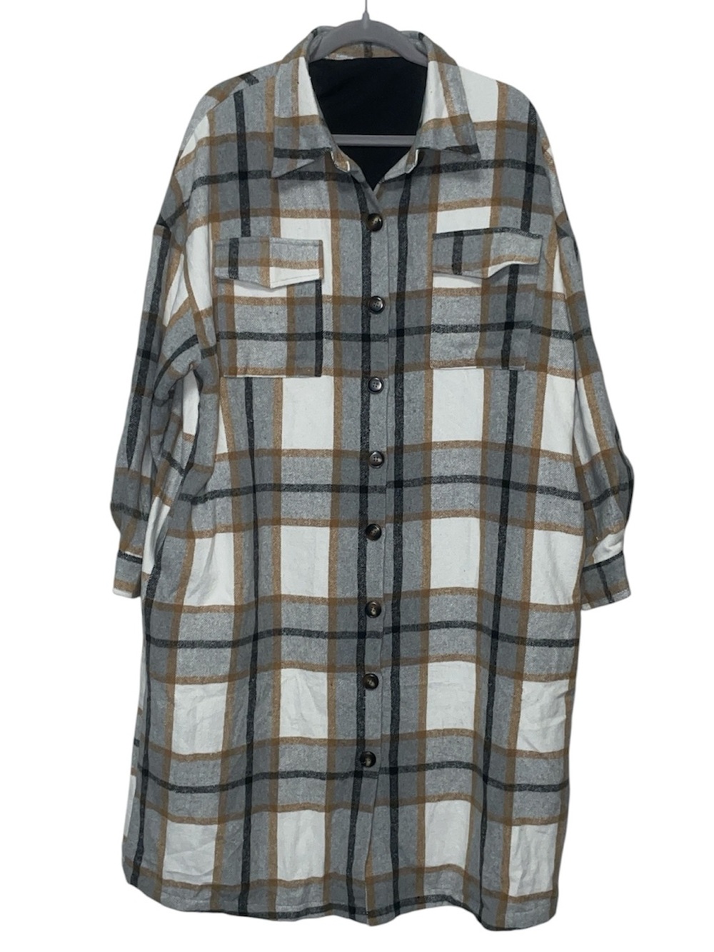 Cupshe J-2 Checkered Khaki Plaid Collared Button Up jacket White, Gray & Brown